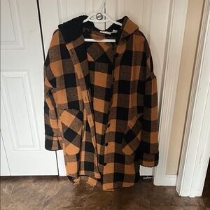 Black and Tan Plaid Hooded Coat